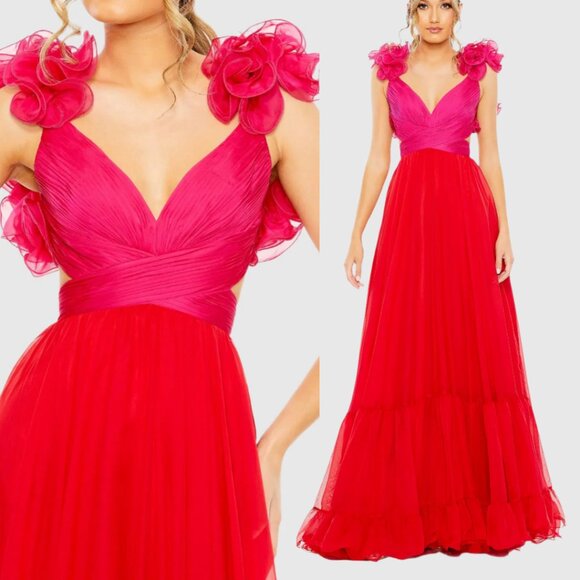 Mac Duggal 68522 Size 4 Pink Red Ruffled Tiered Cut Out Corset Back Chiffon Gown - Picture 1 of 4